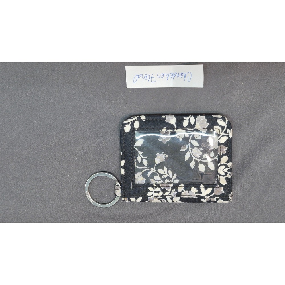 Vera Bradley Chandelier Floral Quilted Cotton Zip ID Case Wallet Key Ring Black